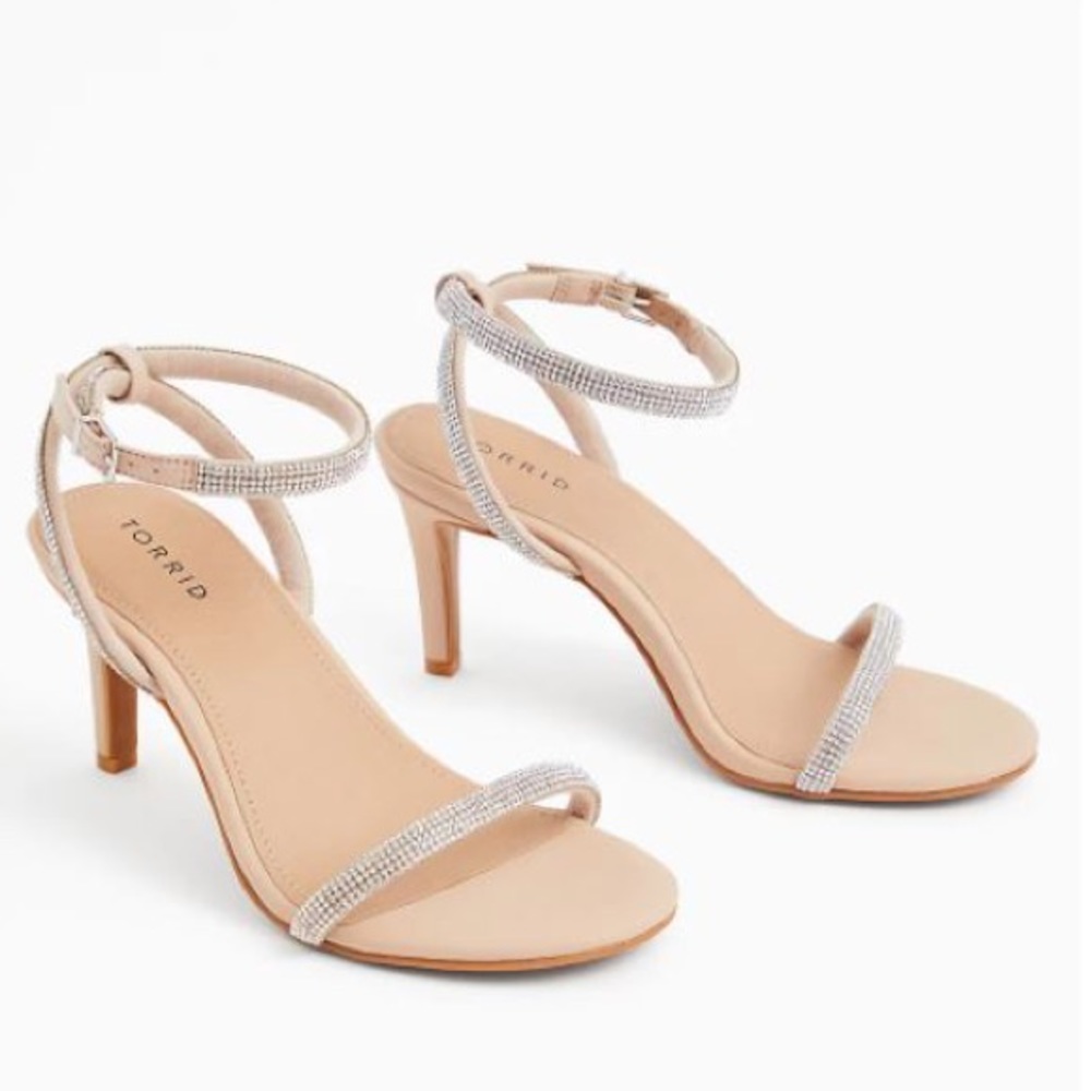 Beige Faux Leather Rhinestone Ankle Strap Heel - Wide Width